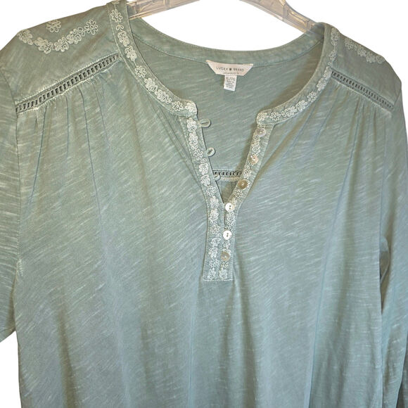 Lucky Brand Embroidered Henley Peasant Top Long Sleeve Split V-Neck Sz XL Green - Picture 3 of 14